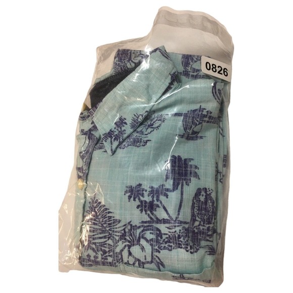 Rustic Blue Top Mens L Hawaiian Tropical Cotton Button Up Short Sleeves Blue - Picture 11 of 11